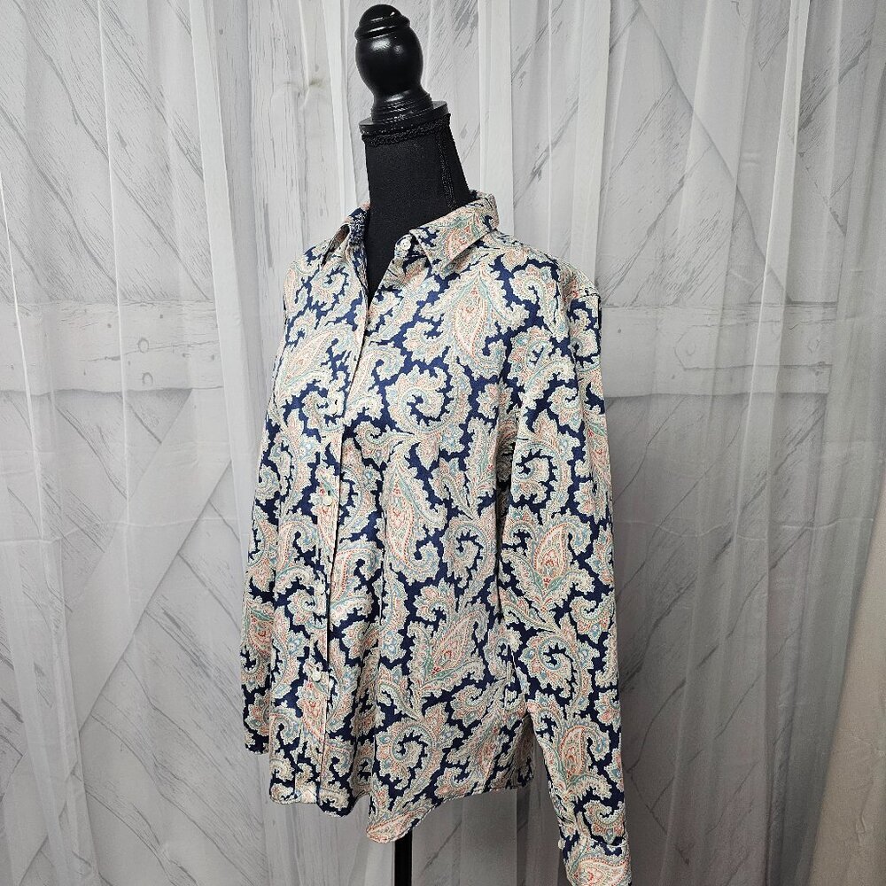 Chaps Navy Blue Pink Paisley Button-Down Long Sleeve Boho Blouse Size PXL - Picture 7 of 12